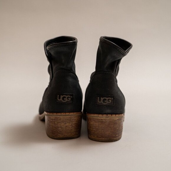 UGG Black Suede Booties With Wooden Stacked Heel - Picture 2 of 8